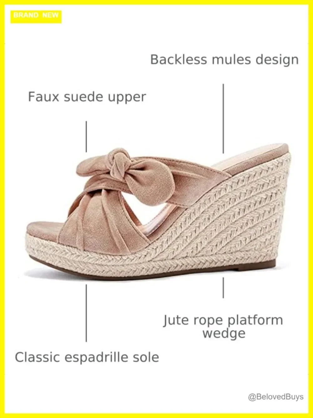 Wedge Espadrilles Sandals Platform Slip on Bow Knot Mules Shoes Faux Suede